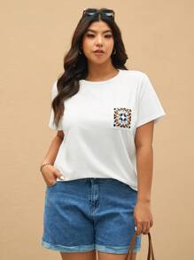 Elaquor Damen Große Größen Blume Muster Rundhals Kurzarm Lässig T-Shirt - Weiss - Übersicht 4