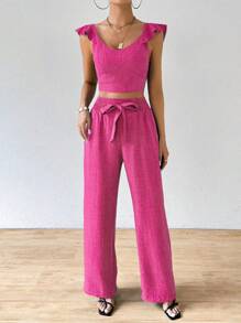 SHEIN Clasi 2pcs Set Women Allover Print Peplum Sweetheart Neck Top And Tie Detail Long Pants - Pink - View 5