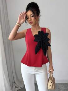 Elenzga Black & White Colorblock 3D Floral Pattern V-Neck Sleeveless Blouse, Elegant And Versatile For Commuting - Red - View 6