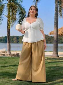 SHEIN MOD Plus Size Patchwork Wide Leg Pants For Women,Khaki,Autumn,Smart Casual,Vacation,Holiday,Casual Beach Pants For Graduation,Airport,Commute&Cruise Wear - Khaki - View 5