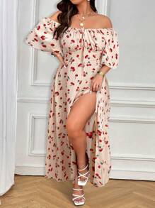 SHEIN Clasi Plus Size Cherry Print Pattern Sleeveless V-Neck Tie Front Ruched Back Gathered Waist Asymmetric Hem Dress, Cute For Casual, Dating, Vacation - Multicolor - View 1