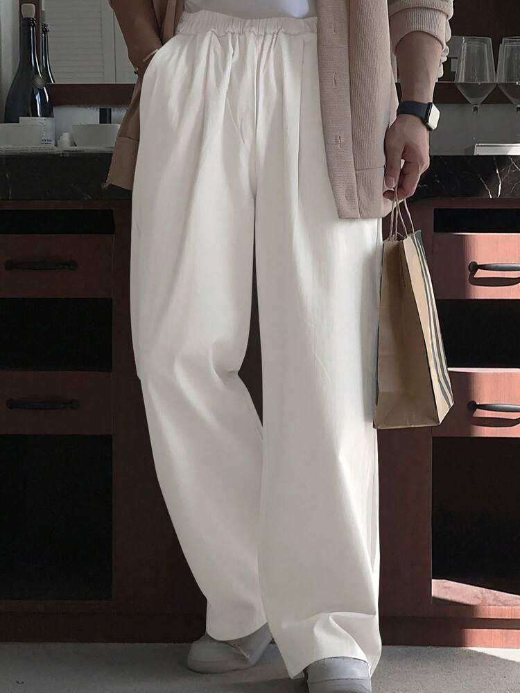 Men's Solid Color Elastic Waist Casual Pants, Spring, Fall