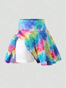 SHEIN Girl's High Waist Gradient Print Elastic Sport Skort With Side Pockets, Anti-Leakage Design, Suitable For Summer Outdoor Activities, Ideal As A Gift Summer Holiday