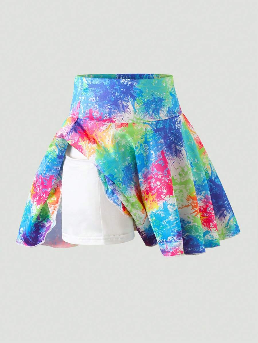 SHEIN Girl's High Waist Gradient Print Elastic Sport Skort With Side Pockets, Anti-Leakage Design, Suitable For Summer Outdoor Activities, Ideal As A Gift Summer Holiday