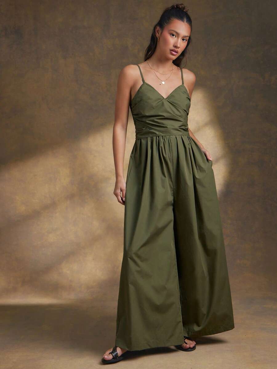 WESTFADE Surplice V Neck Smocked Back Bow Tie Waist Sleeveless Poplin Wide Leg Utility Jumpsuit Fall, Autumn, Winter, Boho, Casual, Cute, Western Wear For Women, Country Outfit - Army Green - View 1