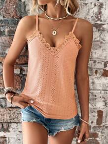 SHEIN LUNE Camiseta sin tirantes de verano de unicolor con parches de encaje, bordado y calado - Naranja - Ver 4