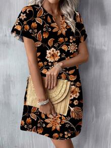 SHEIN LUNE Casual Minimalist Floral Print V-Neck Woven Short Dress For Women, Suitable For Spring/Summer,Summer Dresses For Women Suitable For Going Out Chic Dress - Multicolor - View 6