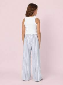 SUMWON 条纹阔腿裤，侧边系带，夏季海滩度假休闲高腰裤，度假休闲长裤 - 藍色 - 查看 4