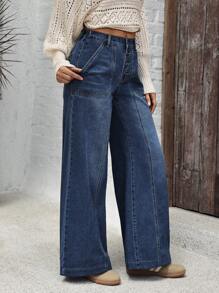 EMERY ROSE Women's Button Front Pockets Loose Fit Wide Leg Casual Jeans - Dark Wash - View 5