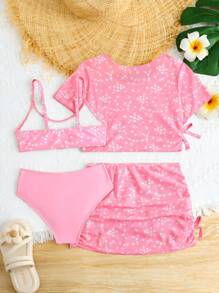 Tween Girl Floral Print Swimsuit Set - Pink - View 2