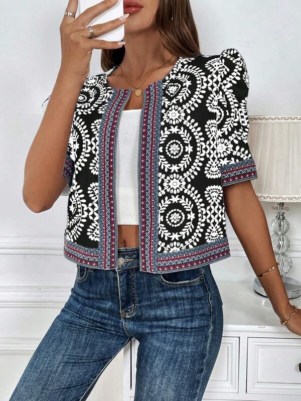 SHEIN Clasi Casual Vacation Graphic Print Patchwork Bishop Sleeve Jacket