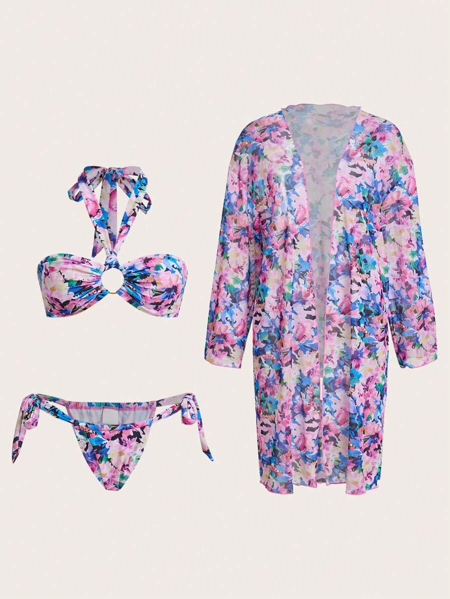 Swim Oasis 3pcs Set Oasis Print Halter Neck Swimsuit For Summer Beach Vacation - Multicolor - View 1