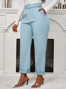 Zolique Women Autumn Waist Belt Design Casual Slim Pants Fall Cloth For Women - Baby Blue - View 4