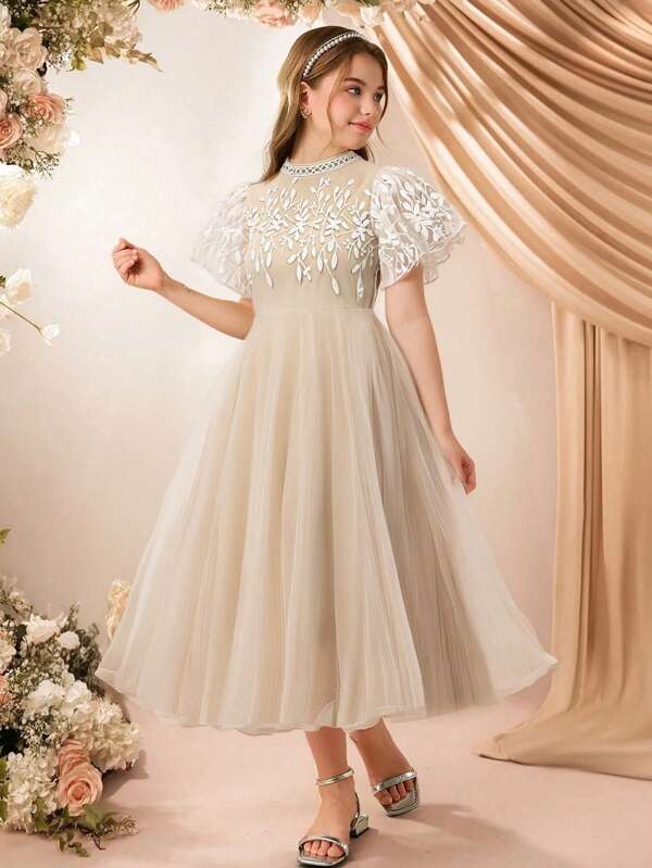 Tween Girls' Elegant Floral Print Collared Short Sleeve Dress