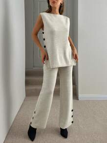 EURMUSE Elegancki zestaw tuniki i spodni z bocznymi guzikami, dzianinowe komplety