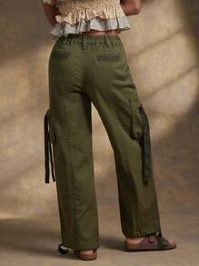WESTFADE High Rise Utility Cargo Pocket Casual Cute Wide Leg Twill Jeans For Spring Break - Army Green - View 2