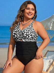 Swim Lushoire 2025 Đồ bơi một mảnh họa tiết da báo cỡ lớn cho nữ màu tương phản thời trang thường ngày ngày lễ - Đen và trắng - Xem 3