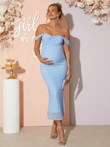 Loomaby 孕妇纯色褶皱露肩修身优雅连衣裙 - 藍色 - 查看 7