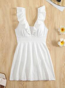 Swim Lushoire 2025 New Women Solid Color Jacquard Fabric Ruffle V-Neck Slim Fit Beach Swimdress - White - View 2