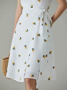 EMERY ROSE 女士花卉印花交叉 V 领短袖侧结中长连衣裙