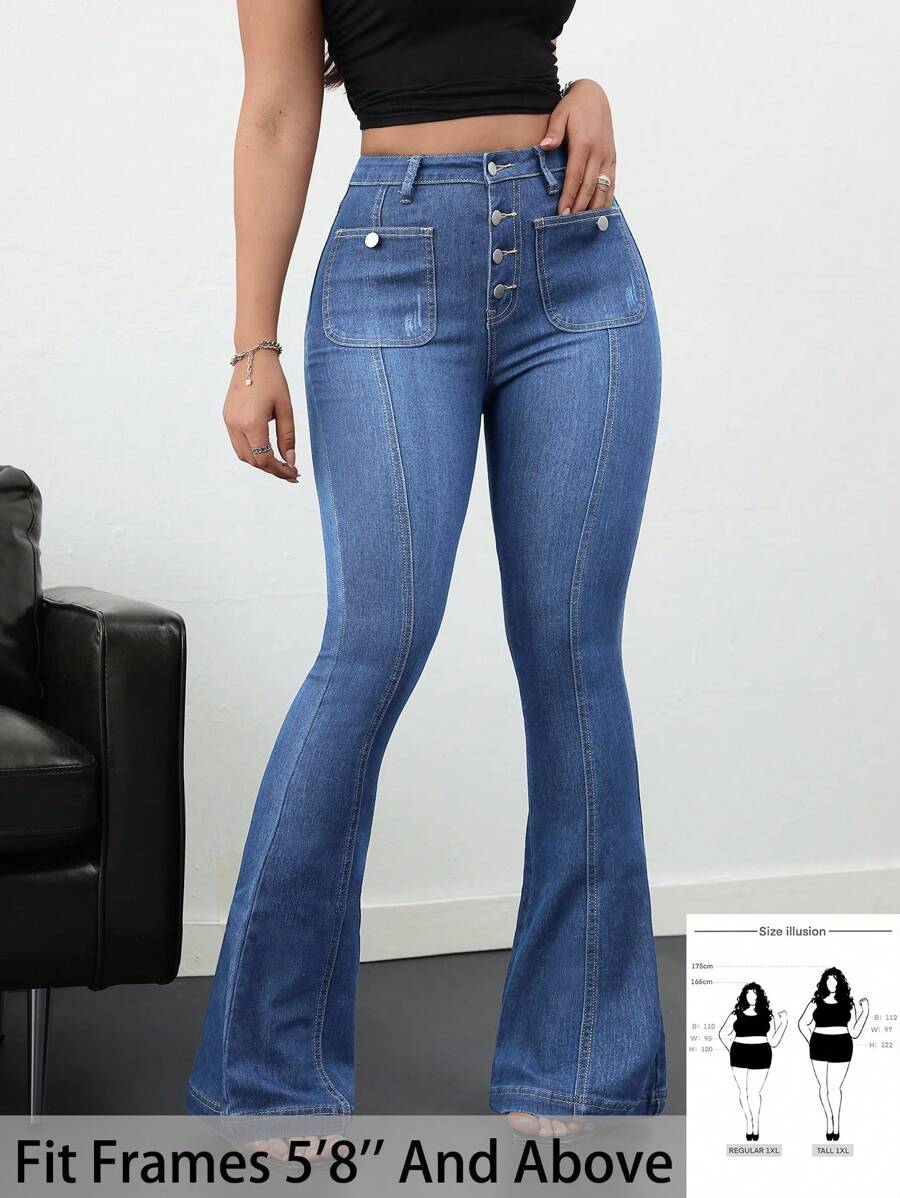 SHEIN Tall CURVE Tall Plus Size Women Vintage Blue Denim Flare Pants Valentine Day Mardi Grasold Money Style Women Flared Jeans - Medium Wash - View 1