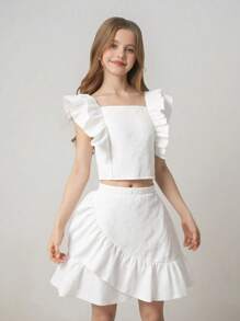 SHEIN 少女荷叶边短袖短款上衣 + 荷叶边腰部刺绣迷你裙 2 件套，优雅适合花童/伴娘婚礼、节日 - 白色 - 查看 1