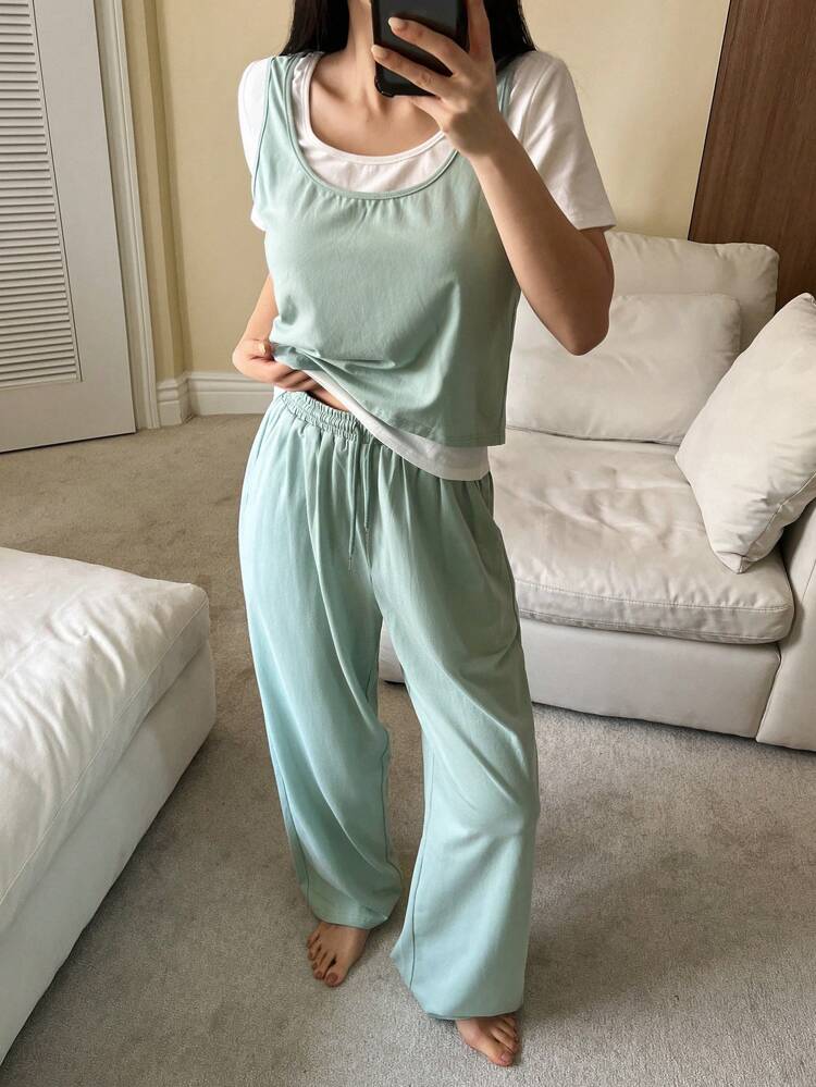 3-Piece Women Casual Camisole, T-Shirt & Pants Loungewear Set Pajama