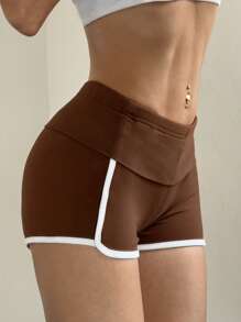 Flirla New Casual Elastic Waist Contrast Color Cuff Shorts For Women - Brown - View 3
