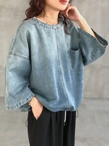 FRIFUL Blusa de denim casual con cuello redondo y bolsillo, unicolor para mujer - Azul - Ver 2