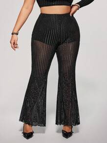 SHEIN ICON Quần ống rộng lưới sequin bạc cỡ lớn - Đen và trắng - Xem 1