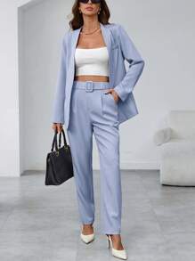 Chiquease 女士纯色长袖夹克和裤子套装