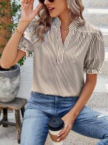 Breezaya Women's Casual Striped Puff Sleeve Blouse, Summer - Coffee Brown - View 4