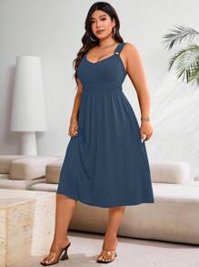 Celure Plus Size Solid Color Pleated Casual Summer Dress Maxi Women Outfit - Blue - View 6