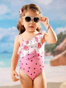 Young Girl' One-Piece Swimsuit New Arrivals, Cute Asymmetric Watermelon Print Color Blocking With Flutter Sleeve And Bow Accent, Suitable For 4-7 Years Old Girls To Wear On Beach Vacation Or Swimming Pool Toddler Girl Clothes Set Toddler Girls Outfit Sets Toddler Girl 5t - Multicolor - View 10