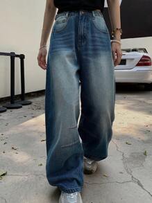 DAZY Calça jeans feminina folgada, casual, estilo harem, com detalhes franzidos e jeans largo - Lavagem Média - Ver 4