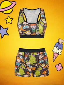 Nick 90s X SHEIN Women Black Comfy Cartoon Print Removable Soft Cup And Boyshort Panty Underwear Set, Sport,Yoga,Workout Sets Yoga Shorts