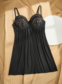 Charlaine Women's Sexy Nightgown (Lingerie Dress, Padded Cups + Underwired, Lace Patchwork) - Black - View 6