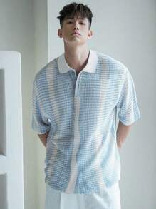 DAZY Men's Summer Color Block Striped Short Sleeve Knit Sweater Vacation - Baby Blue - View 4