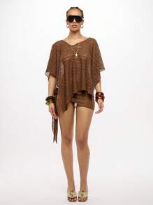 SUMWON WOMEN Ladder Knit Beach Cover Up Sarong Asymmetrical Hem Swim Cover Up Vacation Resort Wear Festival Beachwear Summer Holiday Pool Party Coverup - Brown - View 3