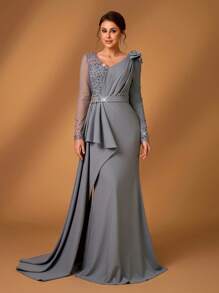 Serin Spring And Summer Elegant And Gorgeous Gray Luxury Computer Pearl Craft Hot Diamond Elastic Knitted V-Neck Bow Long Sleeve Slim Micro Fishtail Splicing Floating Piece Suitable For Dinner Bachelorette Party Date Dance Holiday Wedding Event Heavy Dinner Dress Bride Mother Dress