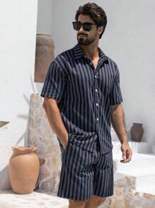 DAZY Blue And White Striped Men's Shirt Set, Summer - Blue and White - View 6