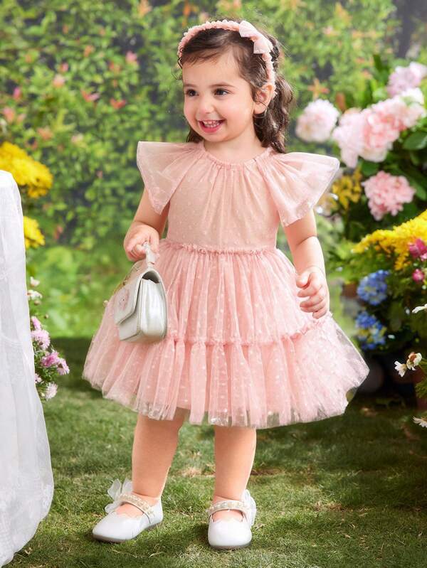 Fern Glow  Babygirl Cute Elegant Pink Polka Dot Mesh Ruffle Hem Dress, Summer