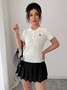 Elenzga Short Sleeve Embroidered Cable Knit Ladies Sweater - White - View 5