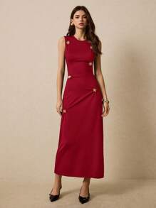 Poéselle Women 3D Flower Decor Crew Neck Sleeveless Bodycon Dress