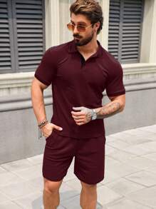 Manfinity Homme 2 sztuki/zestaw męska koszulka polo i spodenki w jednolitym kolorze, swobodny minimalistyczny styl odpowiedni na lato