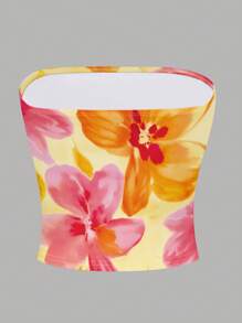 INAWLY 休闲简约水彩花卉印花抹胸紧身短款上衣适合夏季 - 彩色 - 查看 2