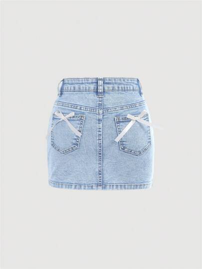 SHEIN Girlism Tween Girls Fashionable Denim Mini Skirt, Suitable For Summer