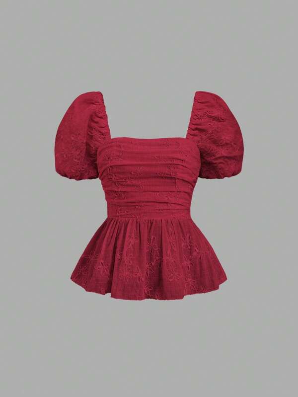 Sweetra Blusa de mujer de manga corta con bordado floral femenino y dulce y dobladillo en forma de A plisada, para primavera/verano