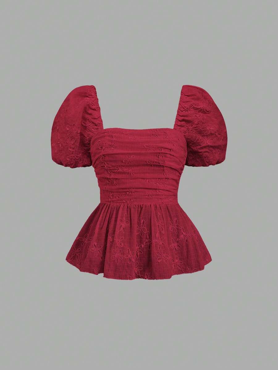 Sweetra 女性甜美花卉刺绣和褶皱 A 字下摆短袖女式衬衫，春夏 - 酒紅色 - 查看 1