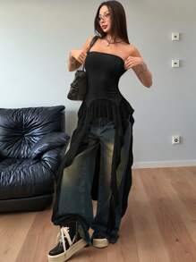 Coolane Top tubo asimétrico de malla con volantes para mujer, estilo Y2K streetwear, de cowgirl, para cita nocturna, concierto, Mardi Gras - Negro - Ver 3